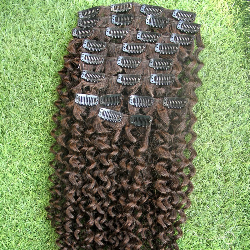 Mongolian Kinky Curly Clip In Human Hair Extensions #4 Middle Brwon 9 Pieces/Set Clip-ins Remy Curly Hair Full Head Sets 120G
