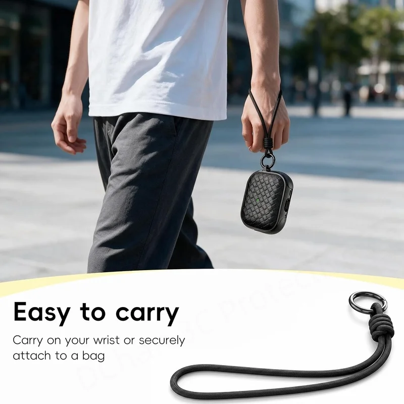 Woven Leather Texture Headphone Case with Lanyard, Non-Slip Earbuds Holder