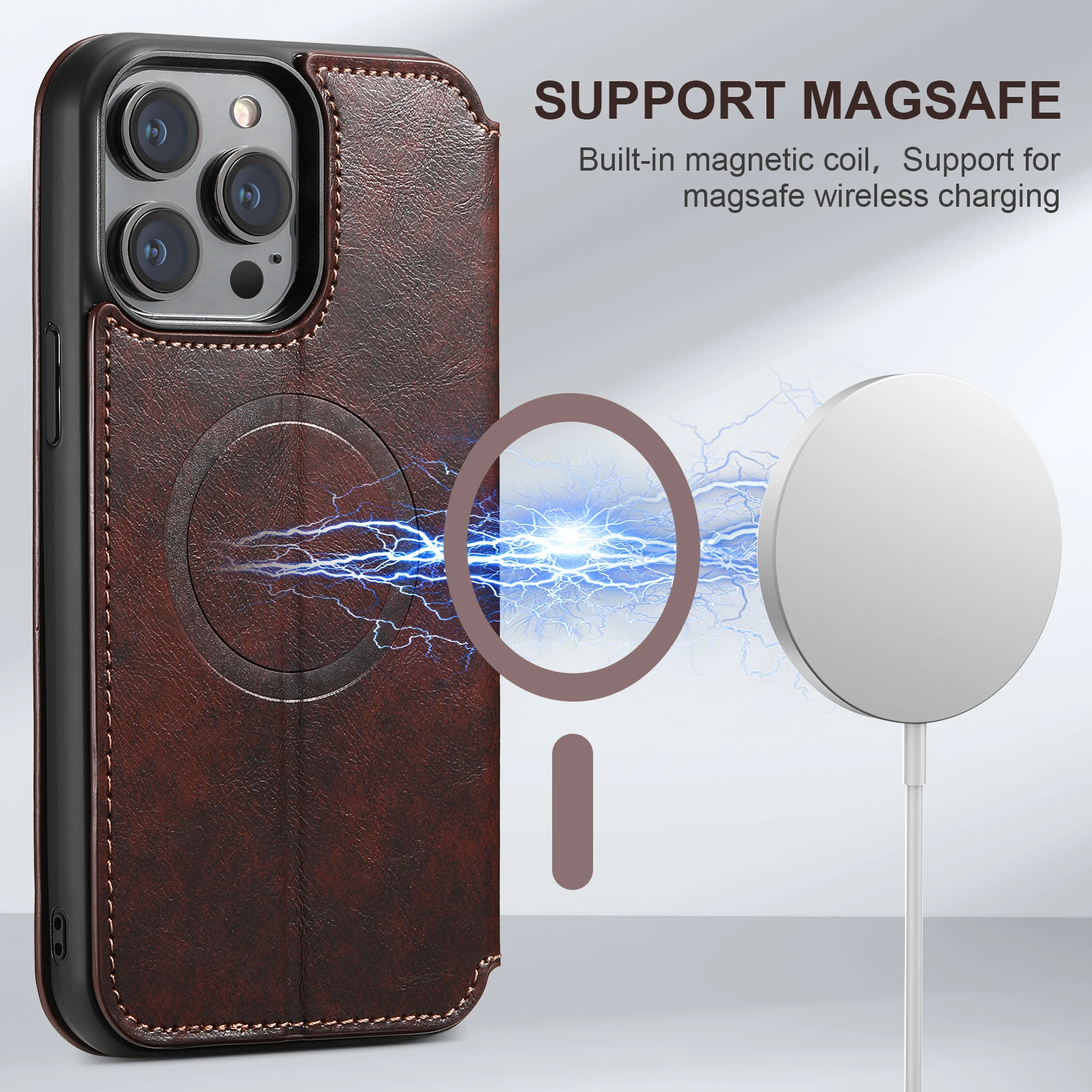 Luxury Slim Fit Premium Leather Wallet Case For iPhone 15 Pro Max 12 13 14 Pro Max 15Plus Magnetic Wireless Charging Flip Cover