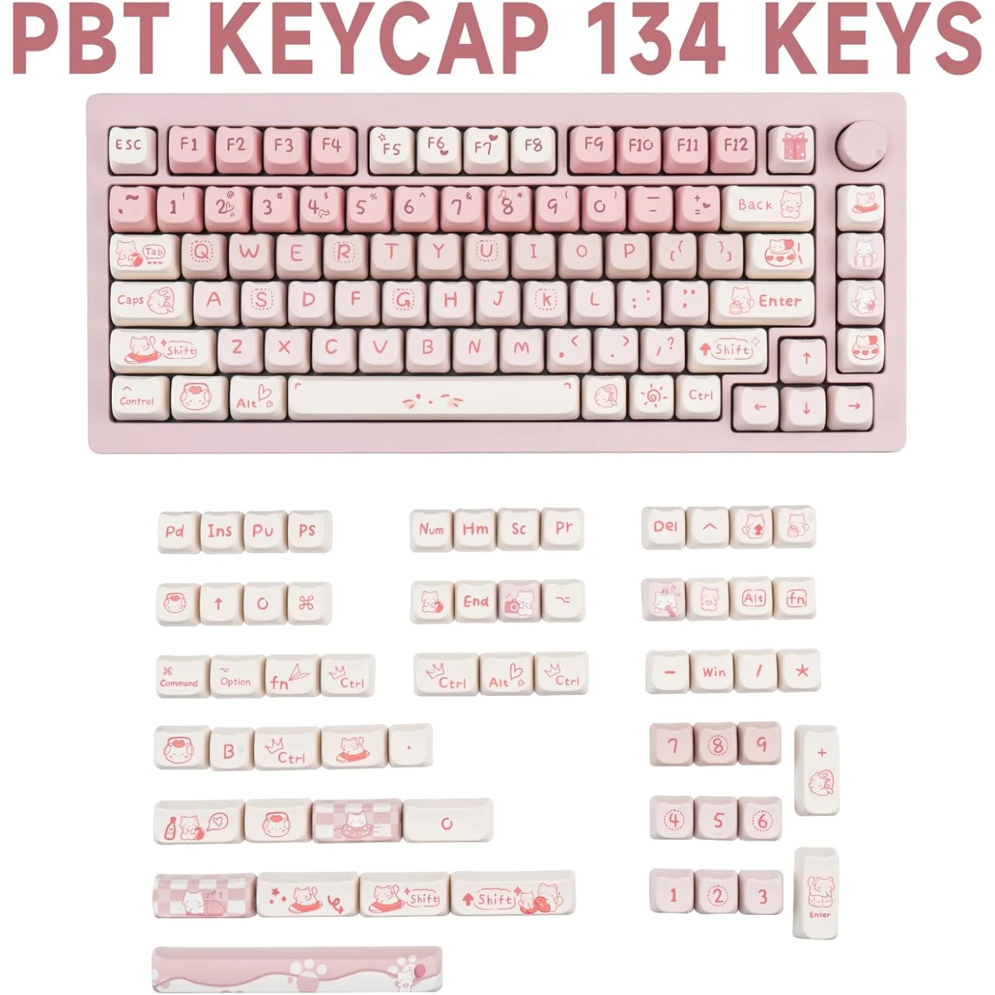 Charming Pink Kitten PBT Keycap Set - 134 Keys, Girl MAO Design