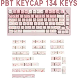 Charming Pink Kitten PBT Keycap Set - 134 Keys, Girl MAO Design - MAO keycaps (Party kitten)