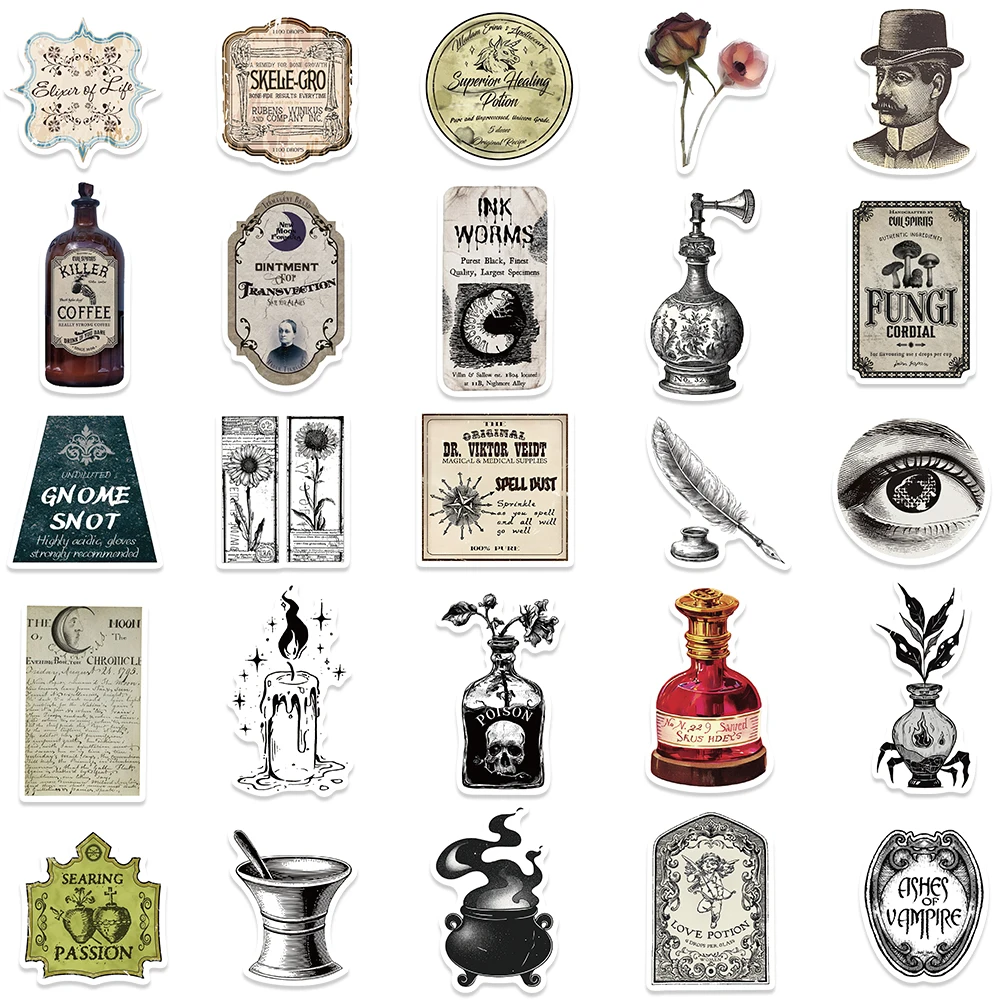 50/100 Stück Retro Gothic Apotheker Trank Etikettenaufkleber Wasserflasche Laptop Aufkleber Gepäck Notebook Skateboard Vinyl Aufkleber – Detail 5