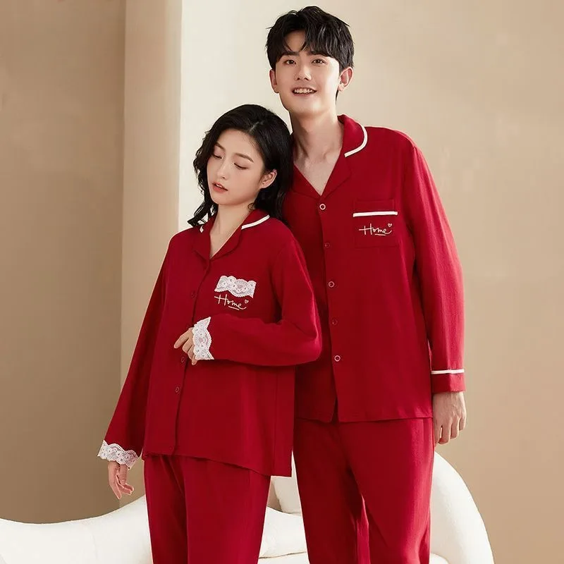 Spring Couple Pajamas Women Pure Cotton Long Sleeve Trousers Sweet Leisure Sleepwear Set Men Simplicity Loose Homewear Suit 2024