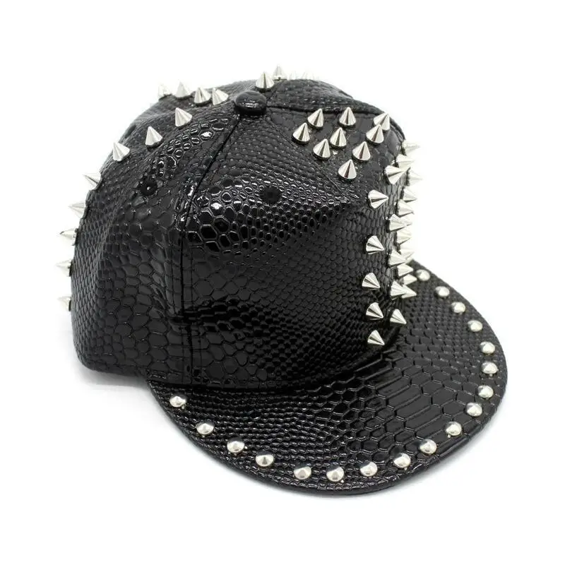 Men Women Sport Sunscreen Hip Hop Street Dance Adjustable Hat Novel Rivet Snakeskin PU Leather Punk SunShade Baseball Cap U12