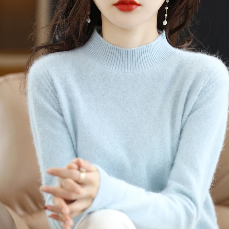 여성용 밍크 벨벳 스웨터, 세미 하이 칼라 풀오버, 캐주얼 뜨게 패션, 루즈 탑, 한국 버전, 100% 가을 및 겨울 신상
