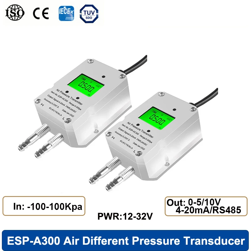 LCD Gas Air Pressure Sensor Digital Wind Differential Pressure Transmitter 4-20mA 0-5/0-10V Out Sensor-100-0-100Kpa DC12/24V pressure sensor