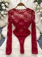 Foamlina American Women's Clothing Sexy Perspective Crochet Lace Bodysuit Women's Elastic Slim Inside Long-sleeved Top T-shirt - Image 4