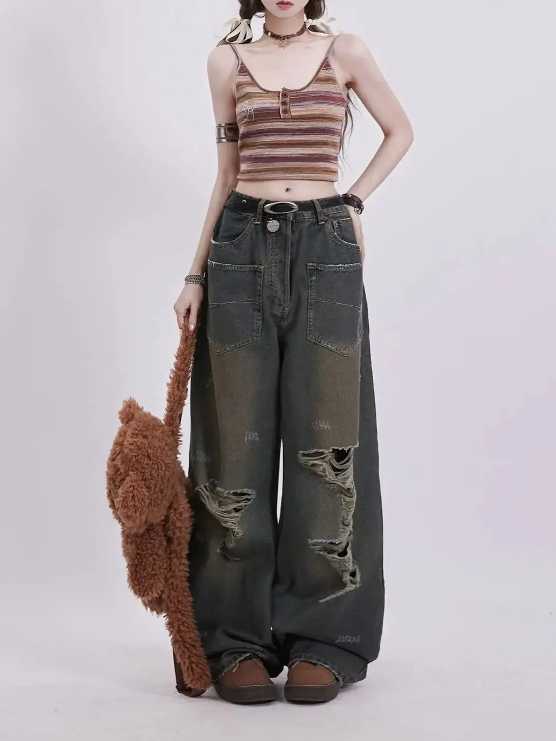 High Waist Women Blue Jeans Hip-Hop Style Fashion Vintage Wash To Make Old Wide Leg Jeans Ripped Female Trouser Baggy Denim