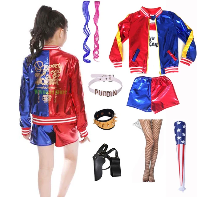 Children's Day Kids Girls Suicide Harley Cosplay Costumes Squad Quinn  Monster Jacket fishnet stockings tattoo stickers Pants Set - AliExpress