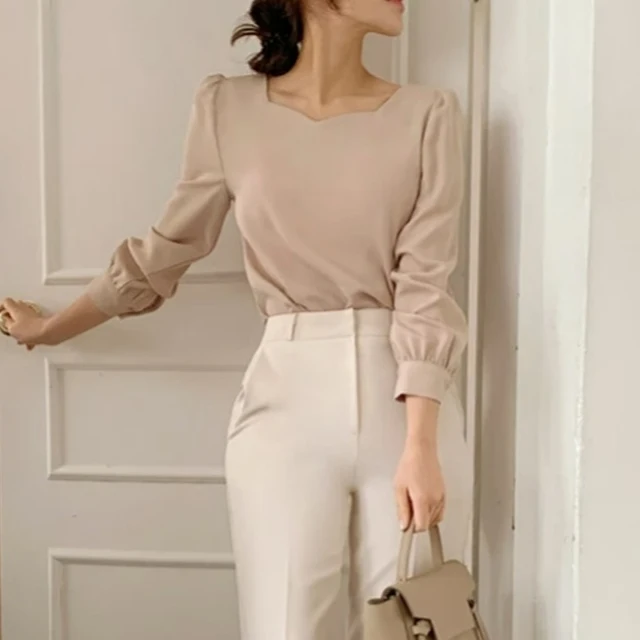 Korean Style Chic Puff Long Sleeve Blouse Temperament Simple Square Collar Tops Versatile Pullover Soft Solid Color Shirt Blusas 1