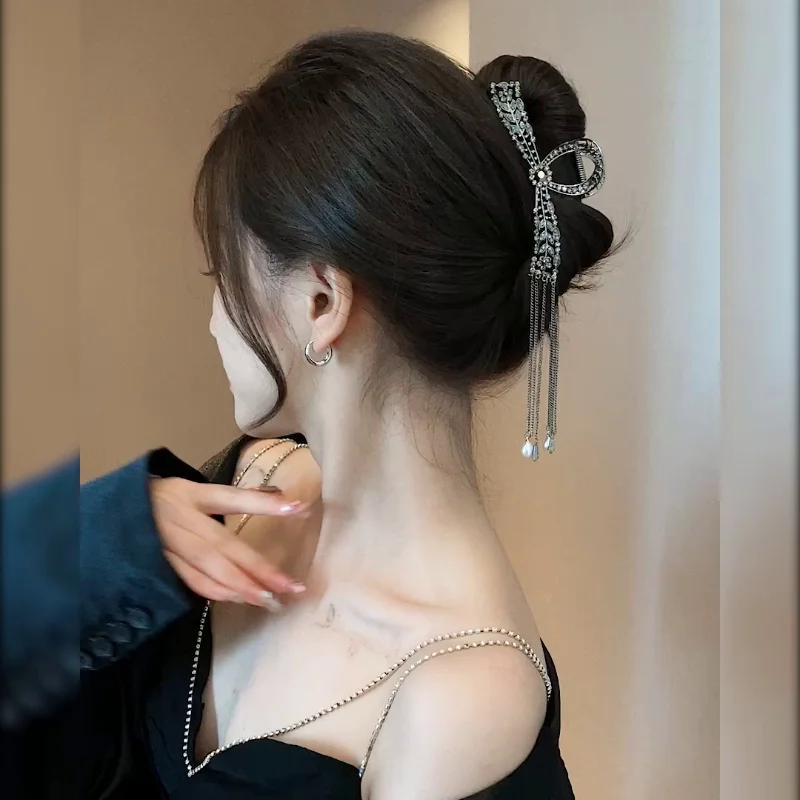 NewBlackDiamondHairClipElegantWomenPearlPonytailClipFashion