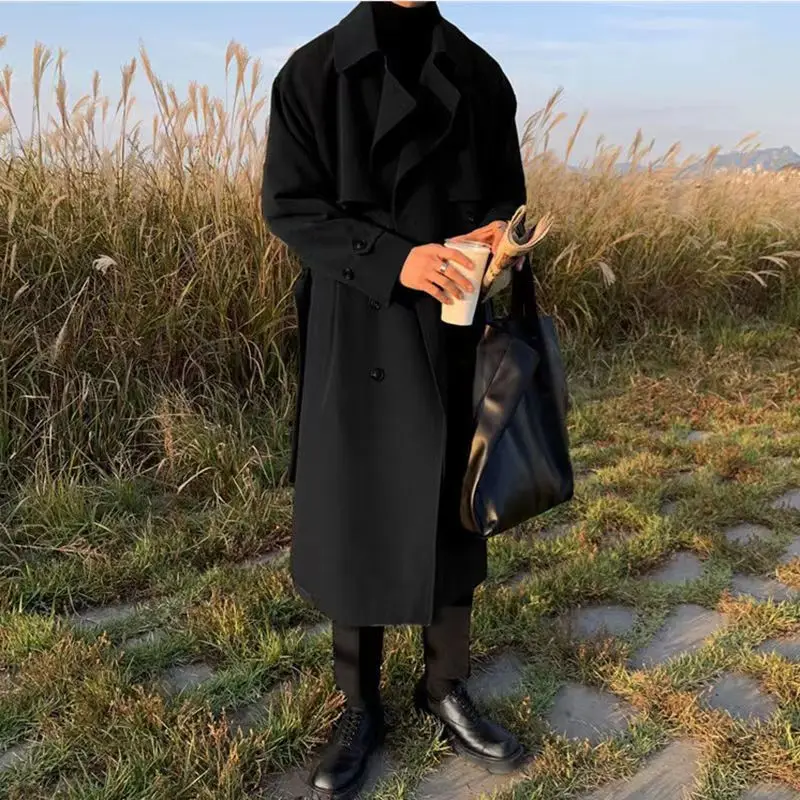Oversize Windbreaker Men Korean Trend Mid Length Handsome Over Knee Coat British Autumn Winter Couple Elegant Cloak Coat