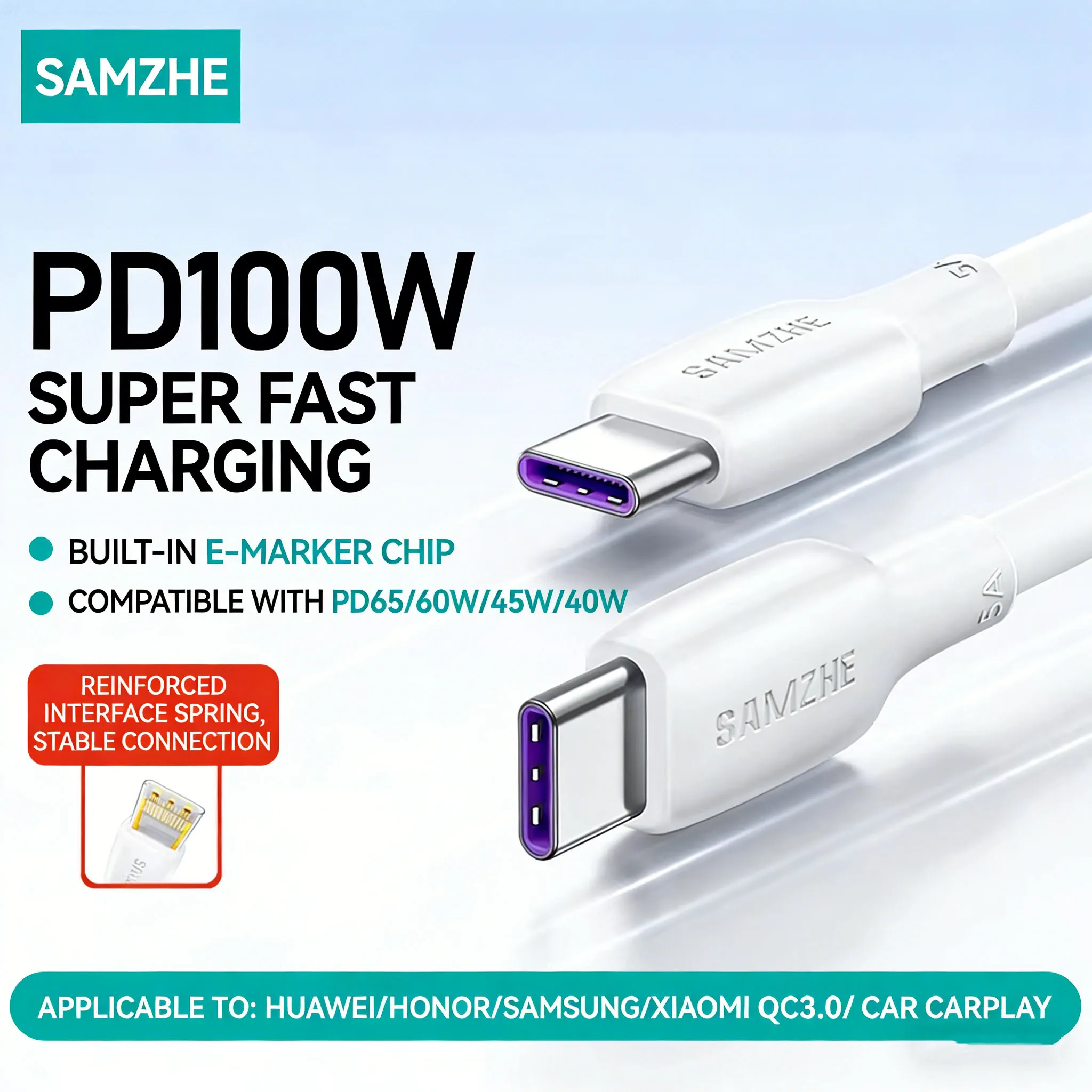 Cabo de Carregamento Rápido SAMZHE Tipo-C para Tipo-C 100W 5A, Carregamento Super Rápido para Huawei Mate 80, Xiaomi, Vivo, Honor, Android 88W/66W