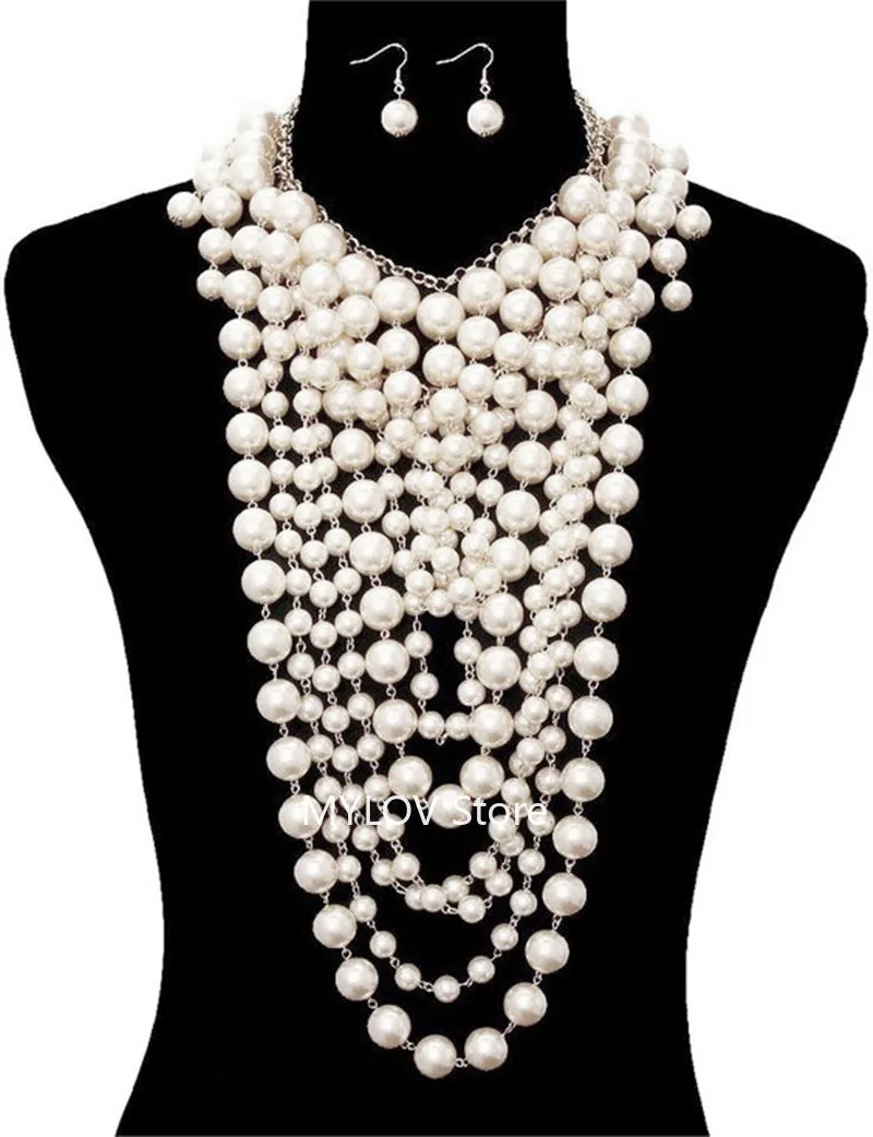 

P0269 For Women Multi-layers Pearl Statement Body Necklace Earrings Jewelry Pearls Jewellery Clothing Accessories