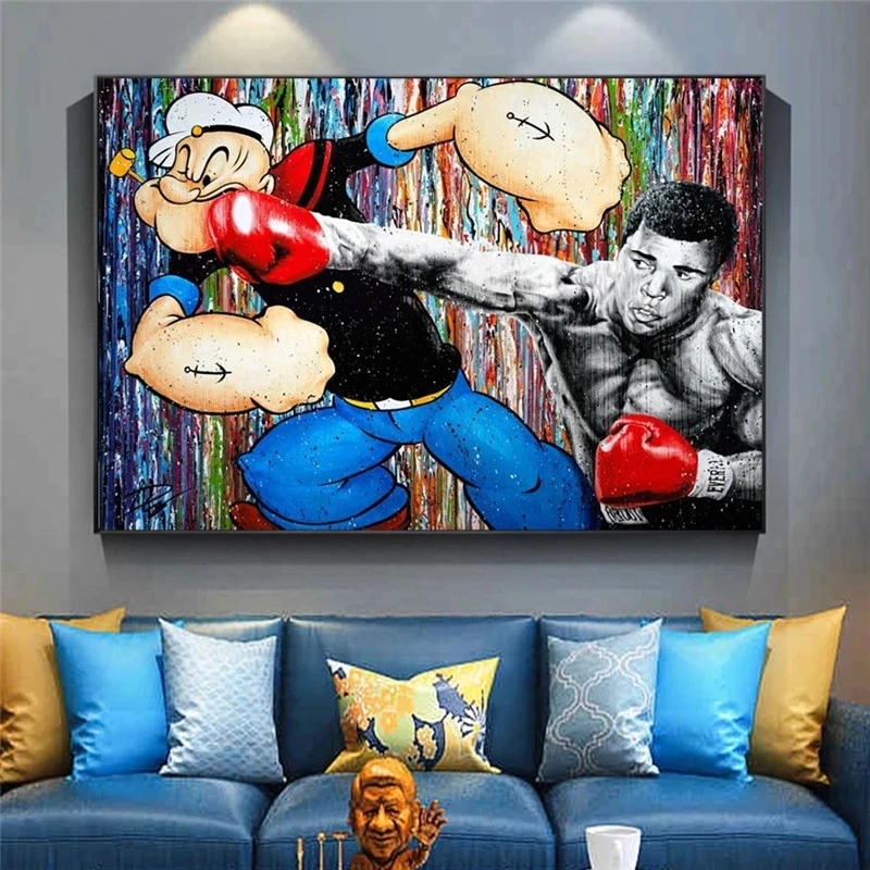 Funny Graffiti Posters and Prints Muhammad Ali Vs Strong Popeye Boxing Wall Art Canvas Painting Picture for Room Decoration