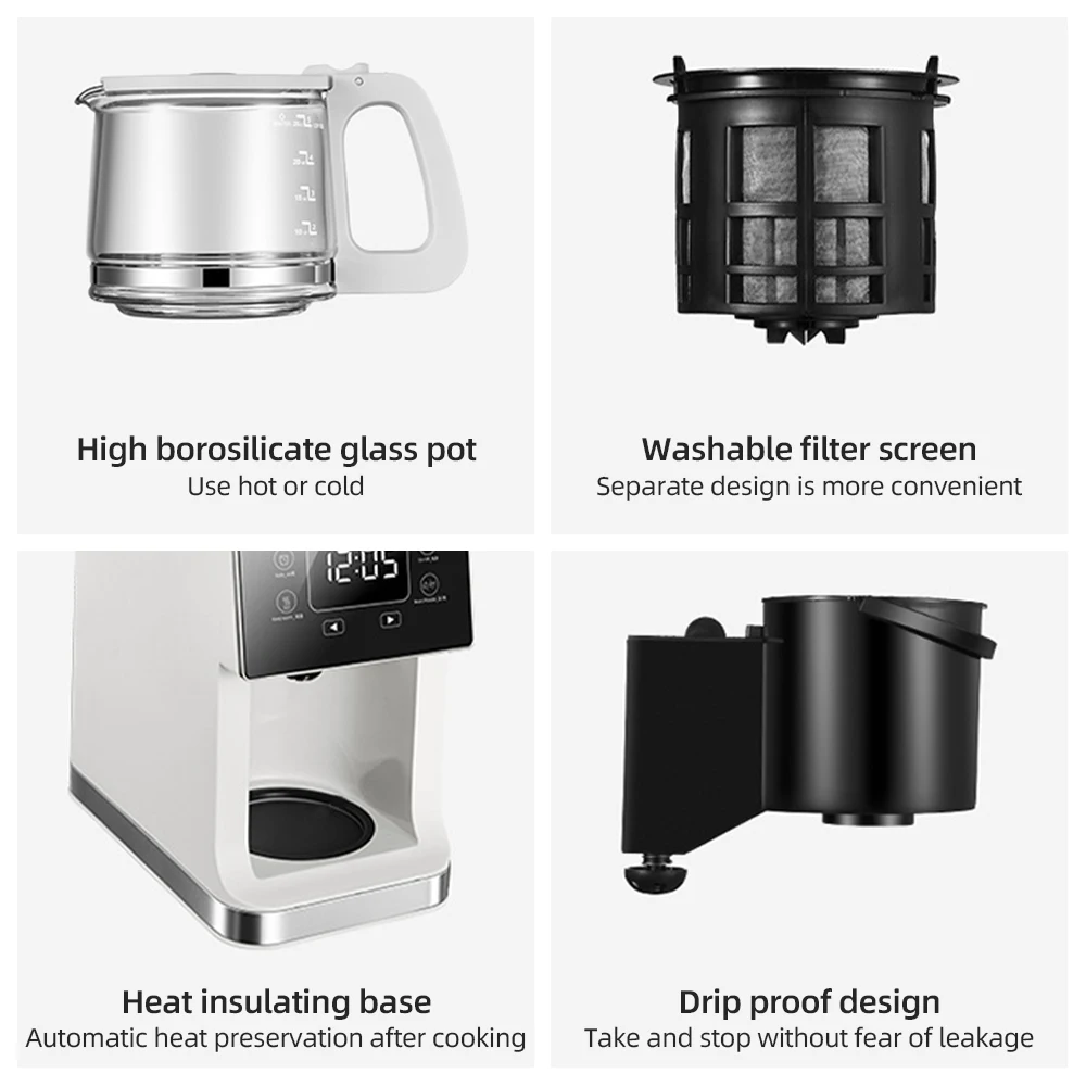 Drip Coffee Maker 5-10 Cup American Coffee Machine with Built-in Grinder 780ml Water Tank Americano Grind and Brew Maker