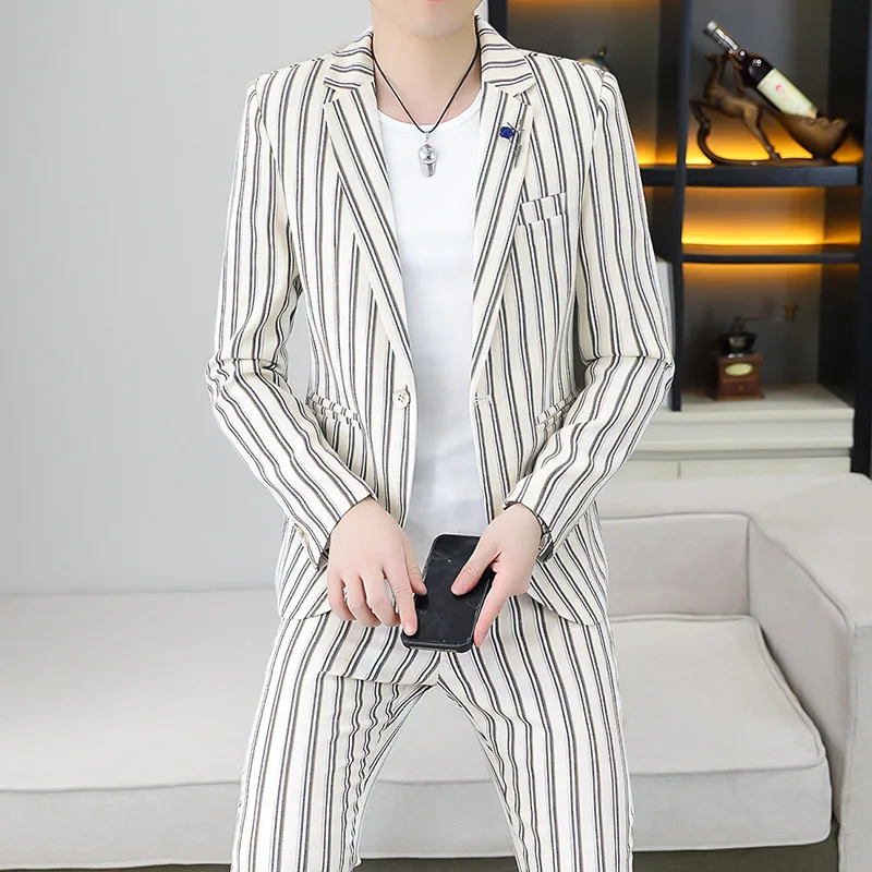 

New (Blazer+ Pants) Men's Fashion Business Gentleman Casual Slim Stripes Handsome Elegant Trend Korean Version Slim 2-piece Set