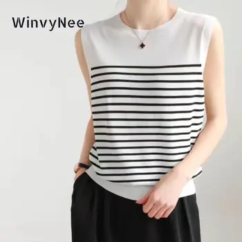 WinvyNee Summer Women's 100% Cotton Striped Camis Tank Top Vest O Neck Basic Clothing Casual Crop Top Women Pullover C1102001 1