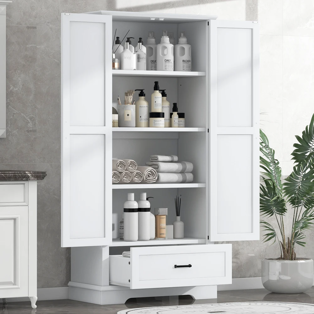 Tall Bathroom Storage Cabinet, Cabinet With Two Doors And One Drawer, Adjustable Shelf, MDF Board, White 2