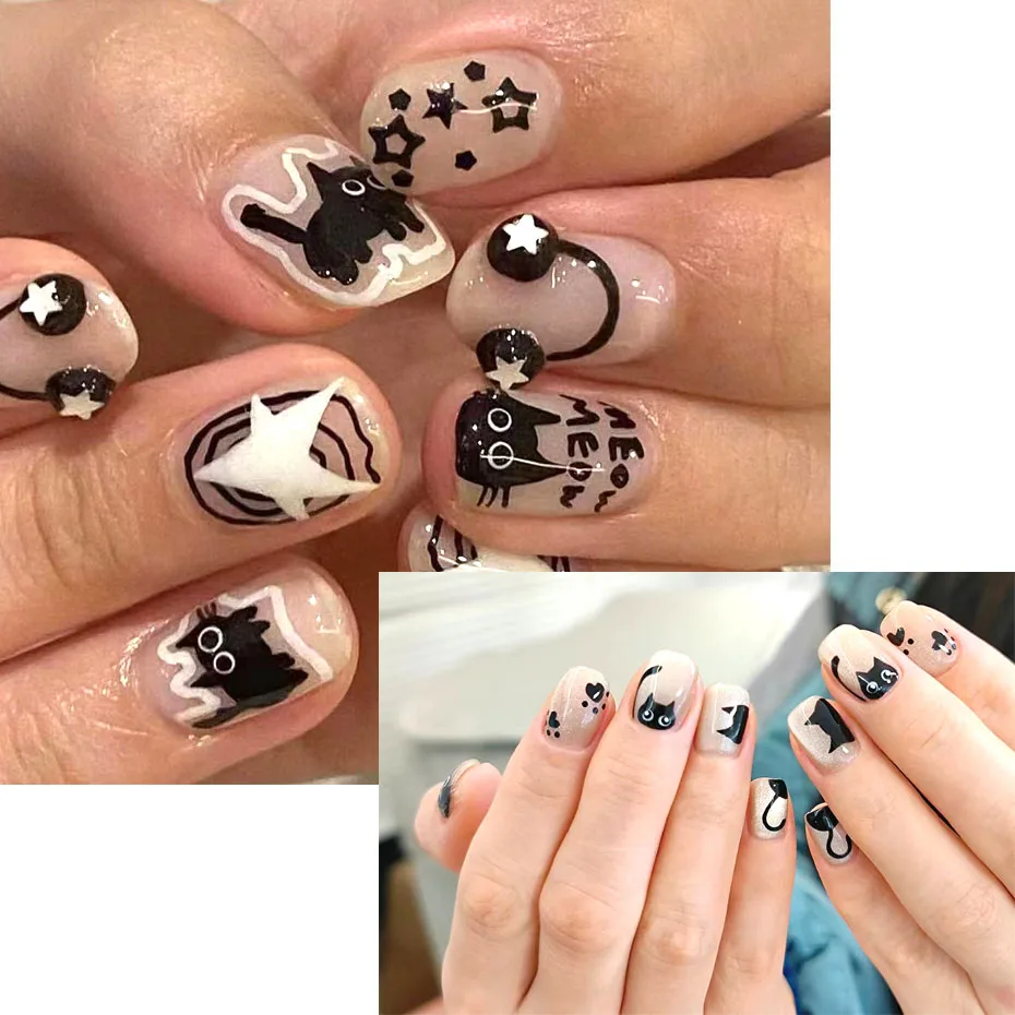 2pcs Cartoon Black White Cat Y2K Nail Stickers 3D Bow Stars Letters Sliders Nail Art Decoration Decals DIY Manicure Accesories