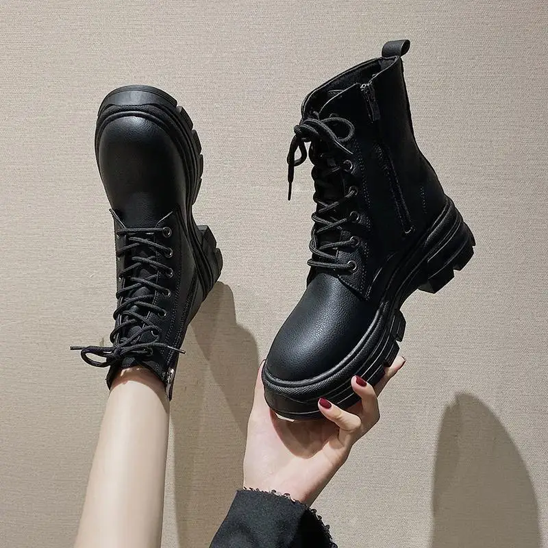 Winter New Women Ankle Boots Winter Round Toe Heel Zip and Lace Up Round Toe Platform 2022 Fashion Shoes for Woman Non-slip
