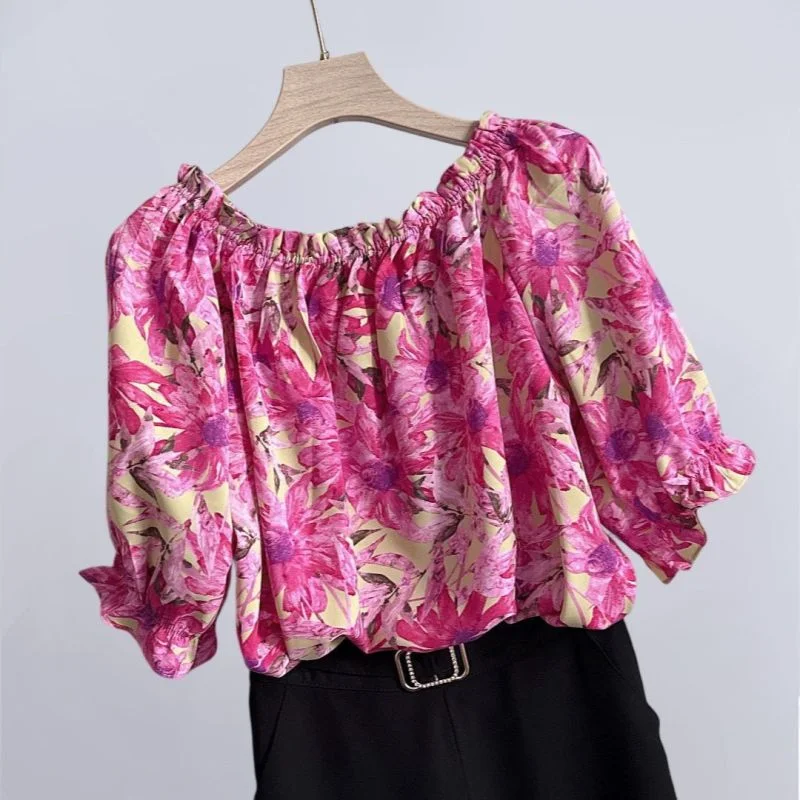 2024 Summer Hot Selling Items Leisure Versatile Loose Fitting One Line Collar Commuting Atmosphere Chiffon Comfort Women's Top