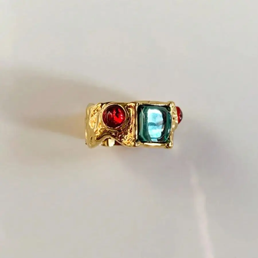Chic Colorful Crystal Ring For Women Vintage Baroque Premium Gold Color Multicolor Stone Metal Irregular Ring Unique Gift gold color rings gold color ring finger ring