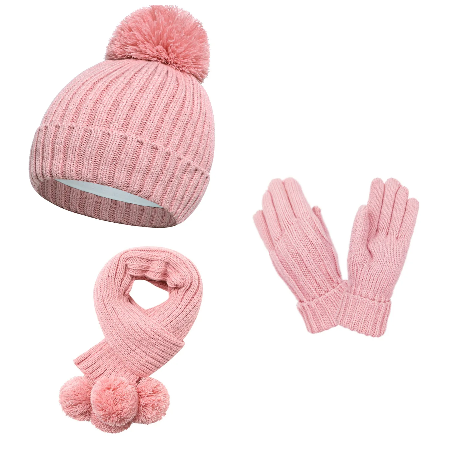 Girl Boy Hat Scarf Gloves Set Beanie Pompom Winter Acrylic Knit Cap Autumn Warm Soft Skiing Accessory For Outdoor Cold Weather