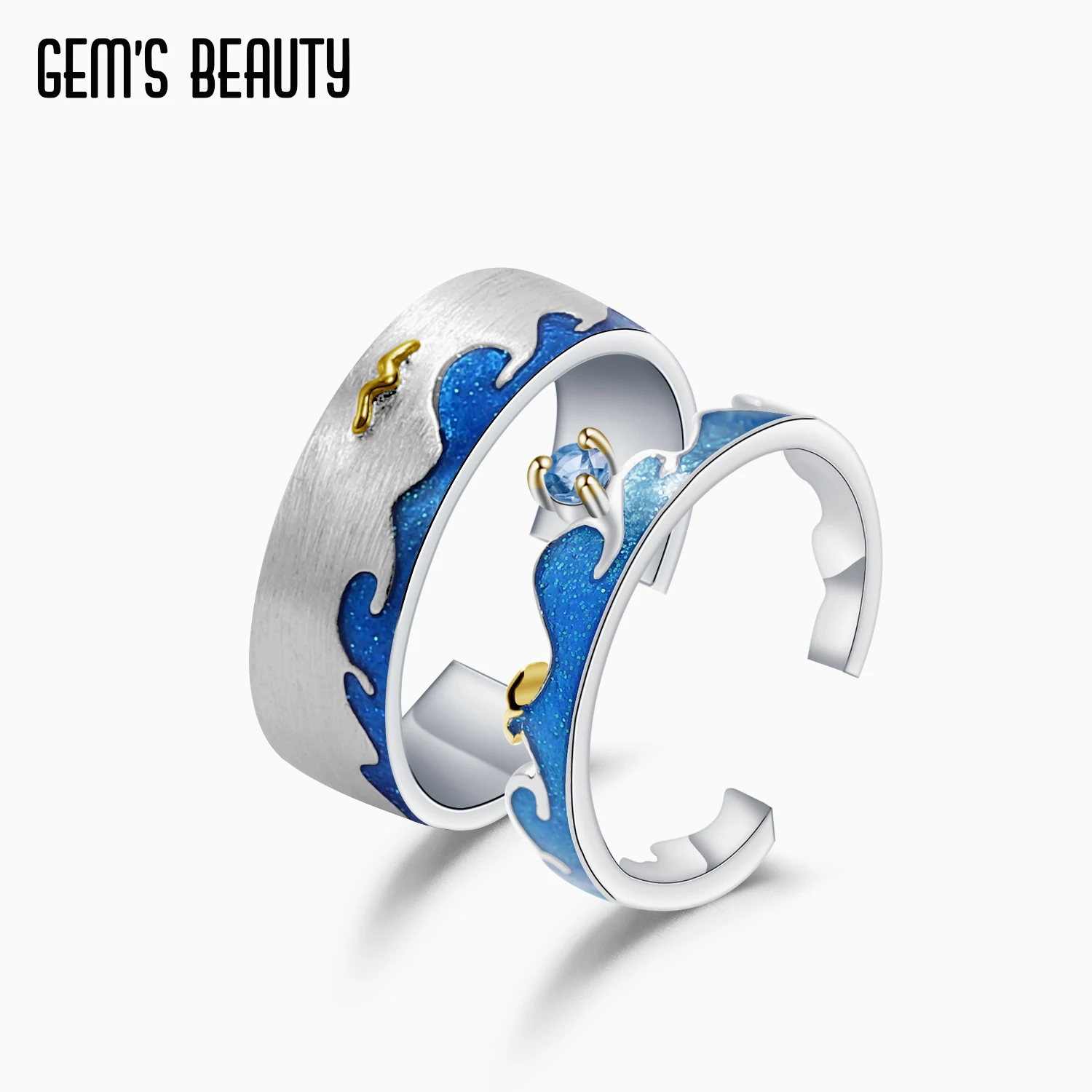 

GEM'S BEAUTY 925 Sterling Silver Rings For Women Natural Swiss Blue Topaz Enamel Adjustable Open Couple Ring Set