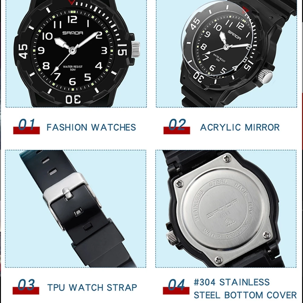 2023 New Fashion Trend Women Watch Casual Womens Clock Luminous Hands 50M SANDA Waterproof Wristwatches Quartz Reloj Mujer 6011