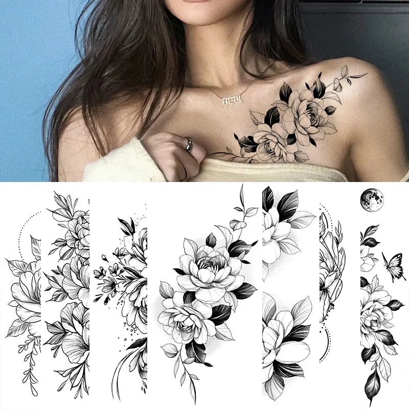 Waterproof Temporary Tattoo Sticker Black White Rose Flower Hand Back Tattoo Body Art Tattoo Fake Tattoos For Women Men Girl flower garland fake rose vine