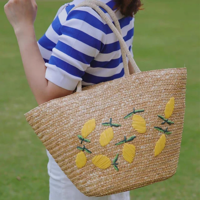 Summer Embroidered Lemon Straw Tote Bag EC