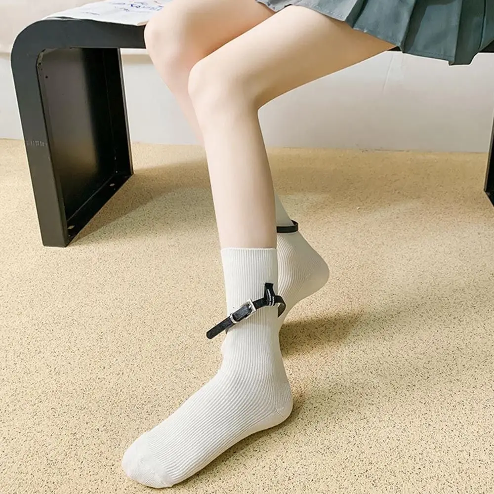 

Cotton Women's Socks Boneless Stitching with Belts Mid-calf Socks Medium Tube Solid Color Korean Style Short Socks Street