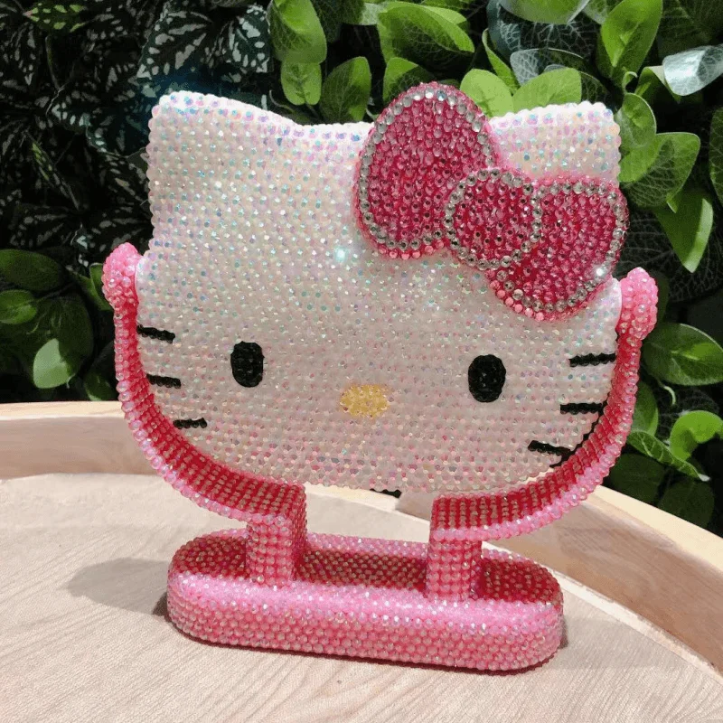 

Sanrio Hello Kitty Desktop Vanity Mirror Cartoon Diy Shiny Rhinestones Beauty Handheld Mirror Pink Diamond Girls Birthday Gift