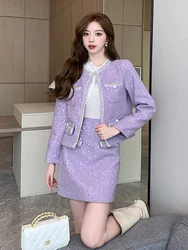 High Quality Purple Sequins Shiny Tweed Two Pieces Set Women's Autumn Temperament Celebrity Jacket Coat + Skirt Office Suits