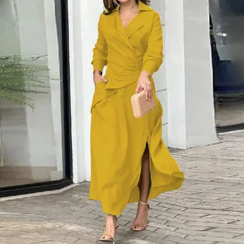 Dresses For Women 2024 Plus Size Women Spring And Autumn Solid Color Temperament Lapel Long Slit Solid Color V Woman Clothing 4
