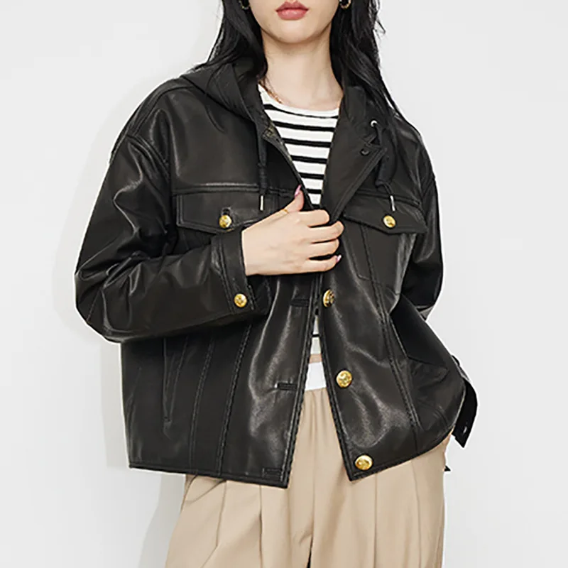 

Куртка из натуральной кожи для осени и зимы, новый пригородный стиль с металлическими пуговицами, шнурок и шляпа