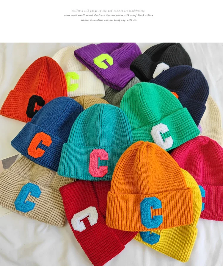 Knitted Hat Knitted Cap Knitted Beanie Winter Hat Fashion Beanies Simple Multi Color Big C Letter Winter Hat Women Winter Unisex Beanie Cap Outdoor Thick Warm Hip hop Sport Ski Knitted Hats