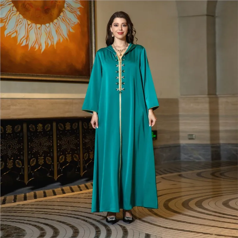 Middle East Cross-Border Muslim Robe Satin Beaded Dress Dubai Light Luxury Ethnic Evening
