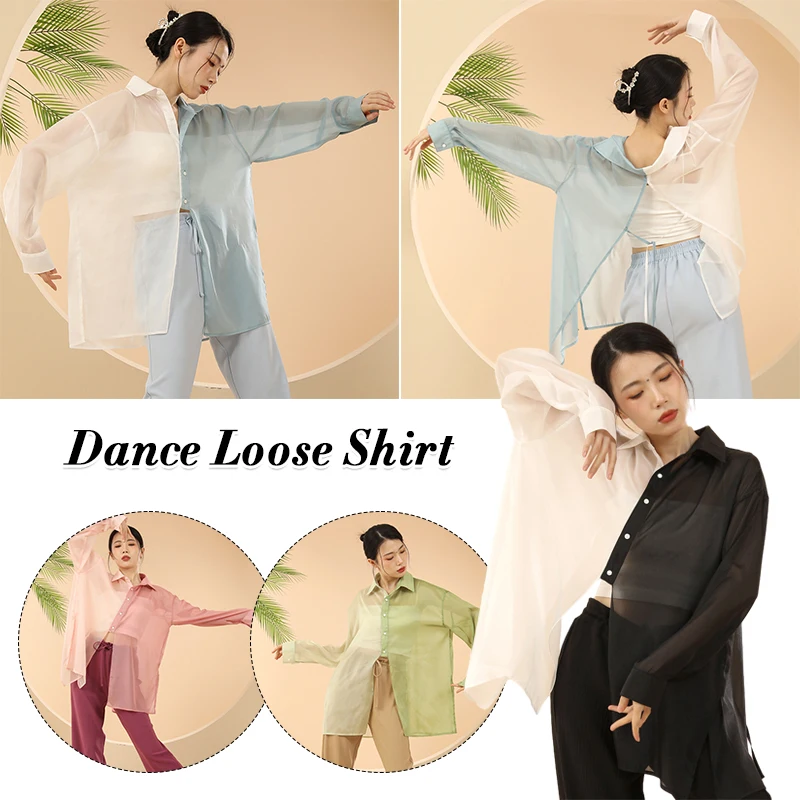 

Sexy Back Split Modern Dance Loose Chiffon Shirt Classical Ballet Top Contrast Color Contemporary Costumes Body Rhyme for Adults