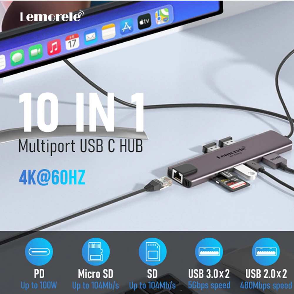 Lemorele TC46 10in1 USB HUB Docking Station USB c Hub HDMI 4K 60Hz USB 3.0 RJ45 1000Mbps PD100W Charge For Macbook Pro Laptop 3
