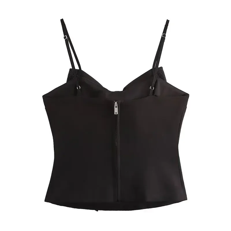 Camiseta sin mangas con lazo grande y lentejuelas para mujer, negra, sin mangas, sin espalda, con cremallera, estilo Y2K, ropa de fiesta para mujer