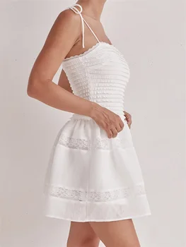 Women's Summer Slip Dress Sheer Lace Patchwork Sleeveless Tie Spaghetti Strap Backless Mini Dress 5