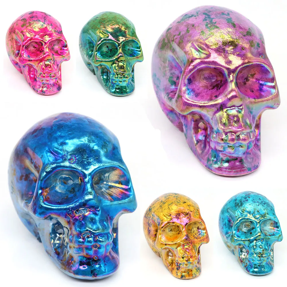 

Natural Stone Electroplated Plating Curb Skull Statue Healing Crystal Reiki Carved Figurine Crafts Wicca Energy Home Decor Gifts