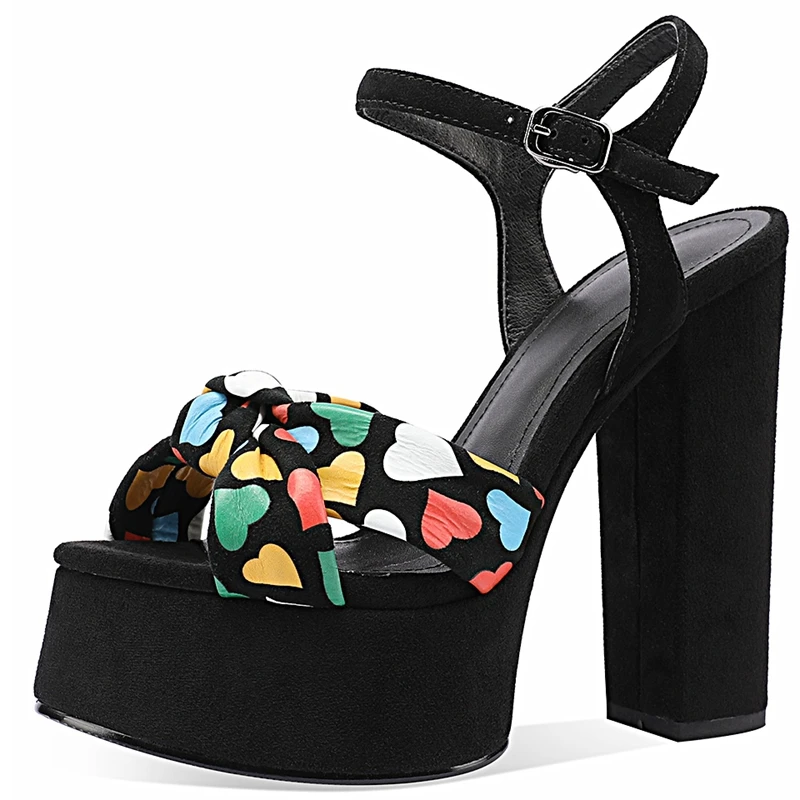 

AUTUSPIN 13cm Thick High Heels for Women Summer Fashion Printed Genuine Suede Leather Peep Toe Sandals Ladies Party Shoes Woman