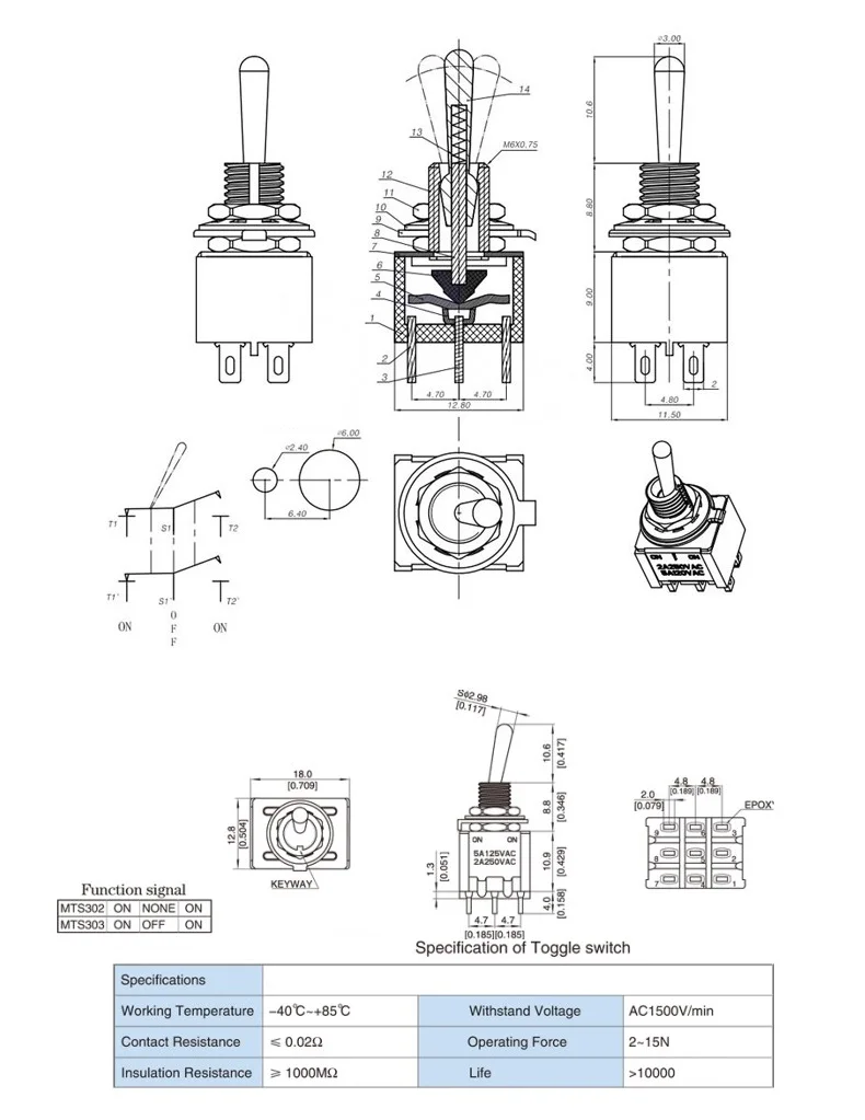 MTS-102 103 202 Serie 5/10 Stück Kippschalter 6A 125VAC On-On SPDT 6 mm Mini DPDT On-Off-On wasserdichte Kappe für elektronische Geräte – Detail 1