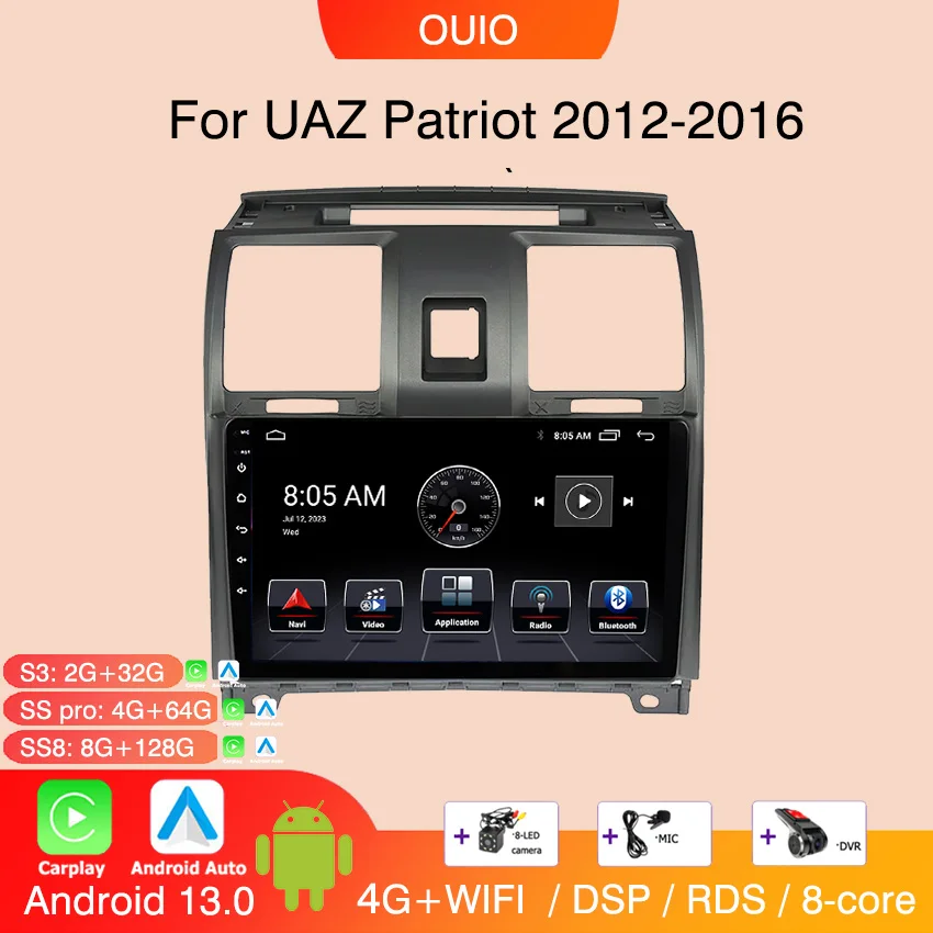 

8GB+128GB Android 13 Carplay Radio For UAZ Patriot 2012-2016 Car stereo Multimedia Player Android Auto GPS navigation 2DIN