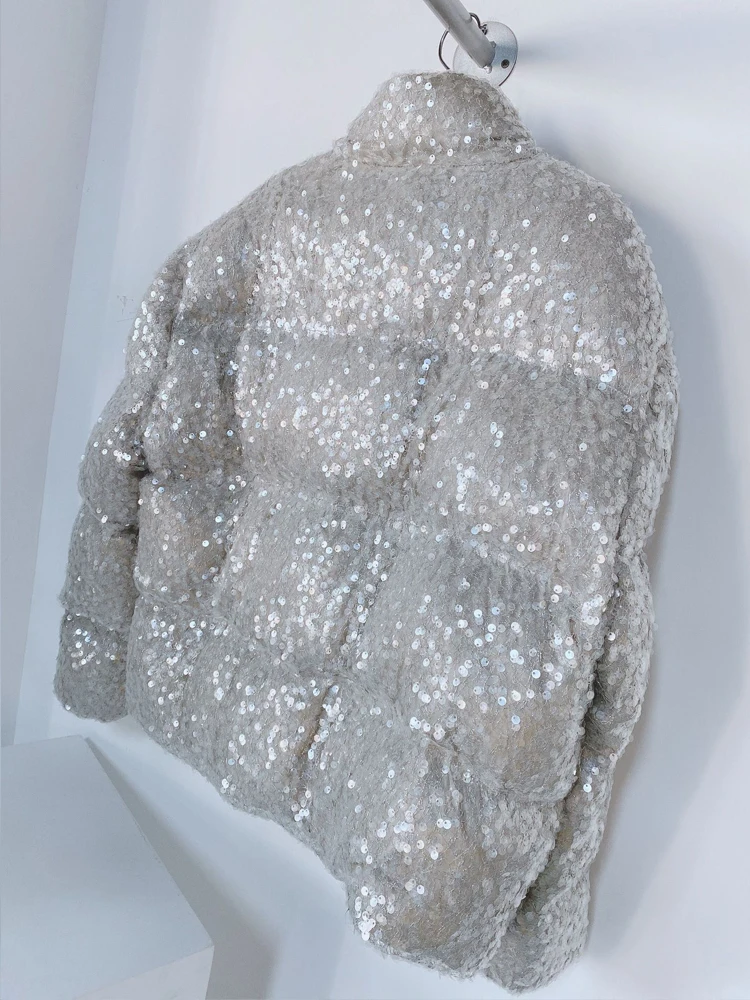 Luxury Women Sliver Sequined down jacket 2023 Winter Thick warm Turtleneck Puffer coat Oversized Outwear White Chic INKEO 3O126