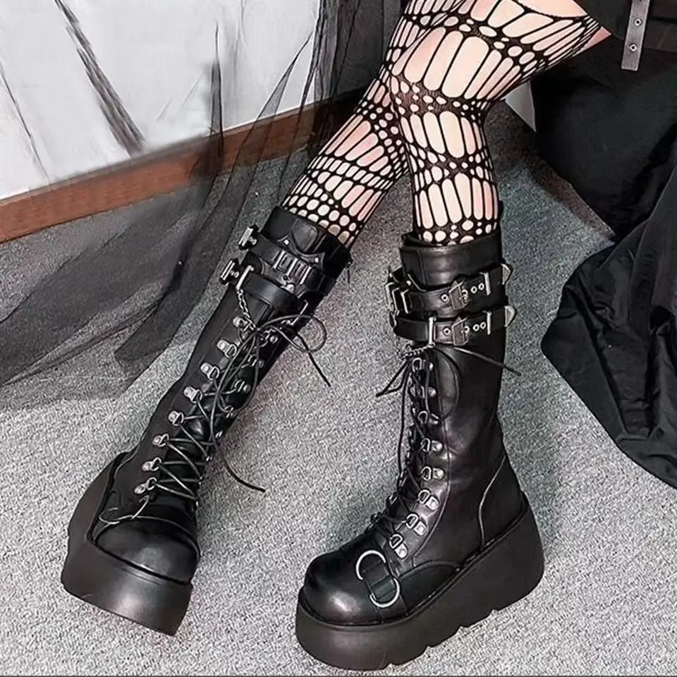 

Gothic Style Women Platform Long Boots Punk Belt Design Female Motorcycle Boots Vampire Cosplay Wedges Boots Lolita Shoes