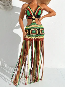 Women Summer Crochet Halter Deep V Neck Cover Ups Multicolor Swimsuit Long Tassel Bikini Knit Dress Cover-Ups Backless Beachwear 1